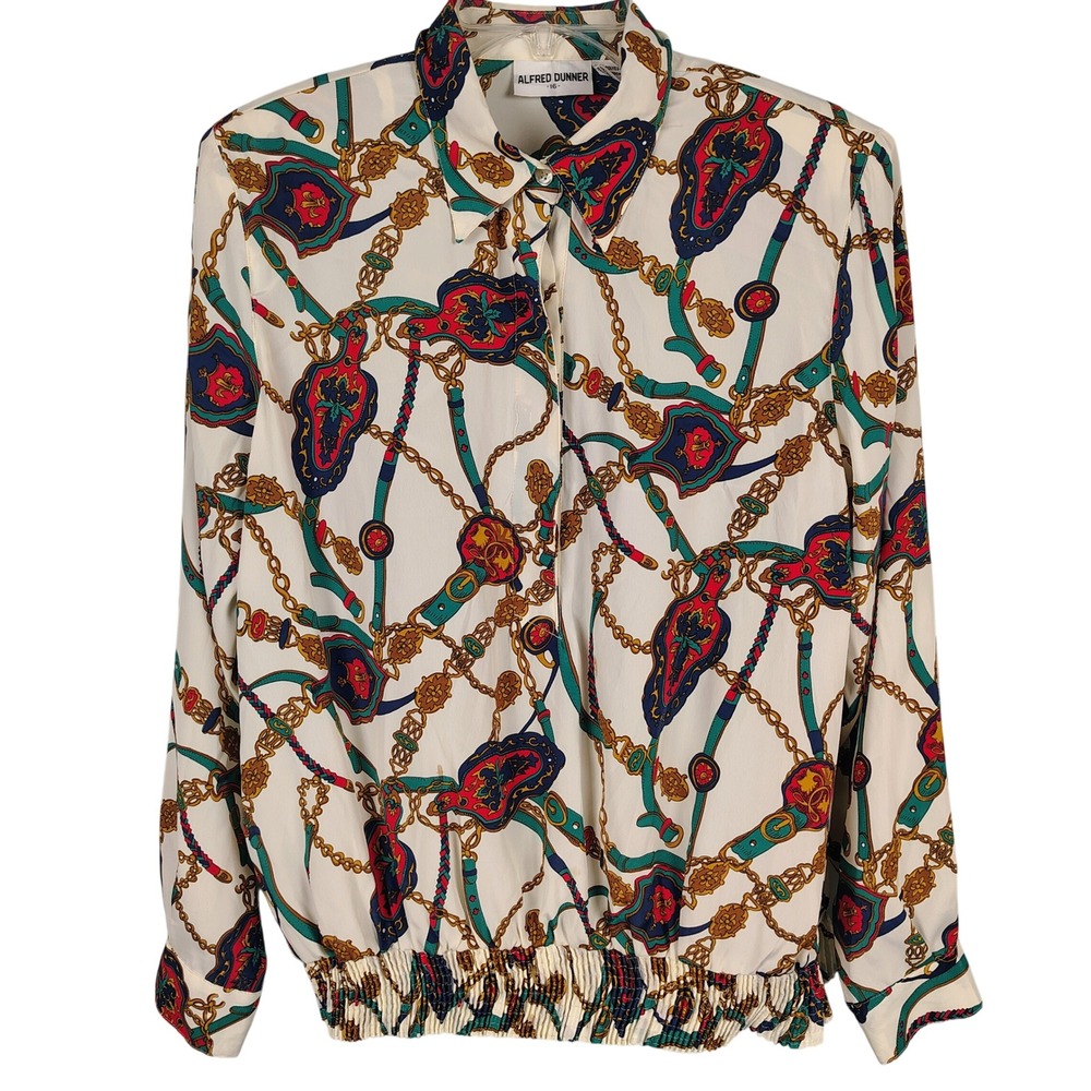 Alfred Dunner Womens SZ 16 Blouse Multicolor Chain Print Smocked Hem Retro Core